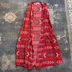 LulaRoe Red Geometric Patterned Kimono Vest Small